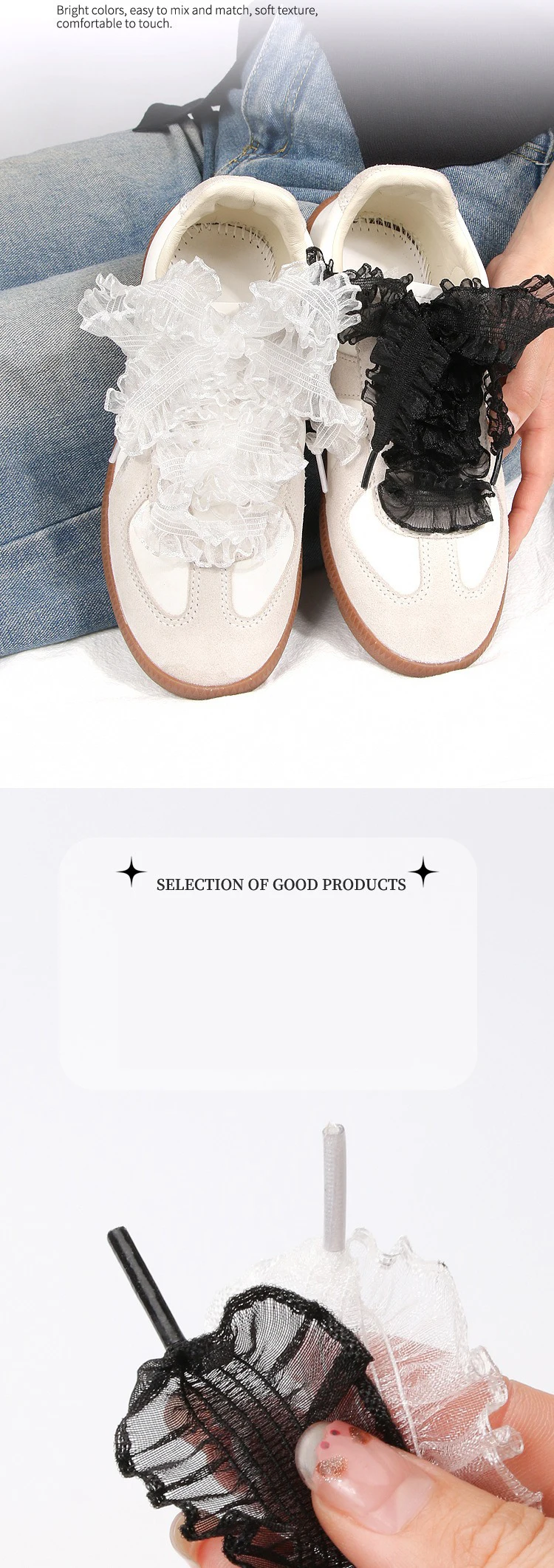 Rüschenbesetzte, transparente Schuhbänder aus Organza mit Schleife, süße, alltagstaugliche Schuhaccessoires für flache Sneaker und Freizeitschuhe. – Detail 14
