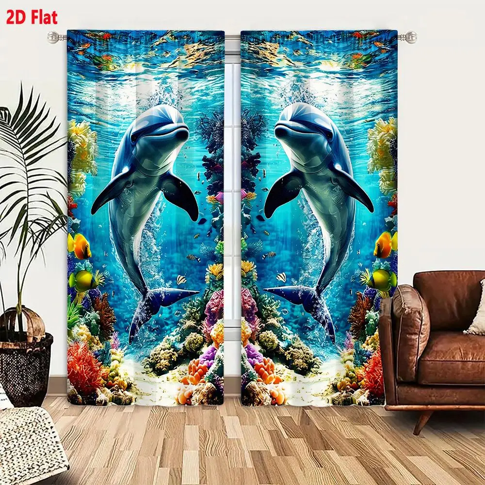 2Pcs Curtains 2D Flat Vibrant Underwater Scene With Two Symmetrical Dolphins Swimming Above Colorful Coral Reef And Tropical Fis 2