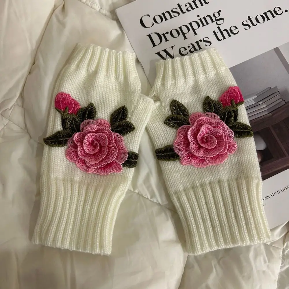 All-Match Vintage Embroidery Knitted Gloves Floral Thick Fingerless Gloves Touch Screen Waterproof Winter Wool Gloves Girls