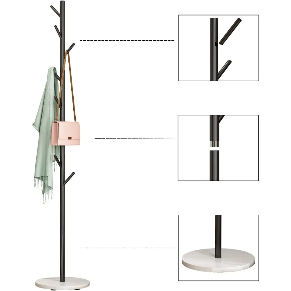 Czarny metalowy wieszak na ubrania z marmurową podstawą - wolnostojący stojak na ubrania z haczykami