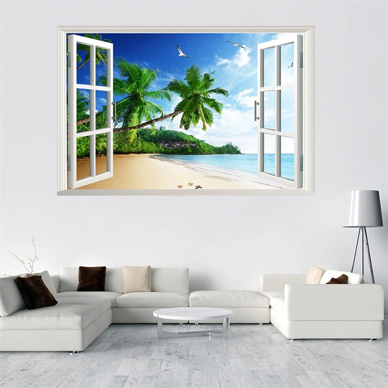 

Sea View Mural Removable for Home Decoration Aesthetic Rooms Walls Art Big Window Scenery Seabird Beach Palm Tree Vinyl Stickers