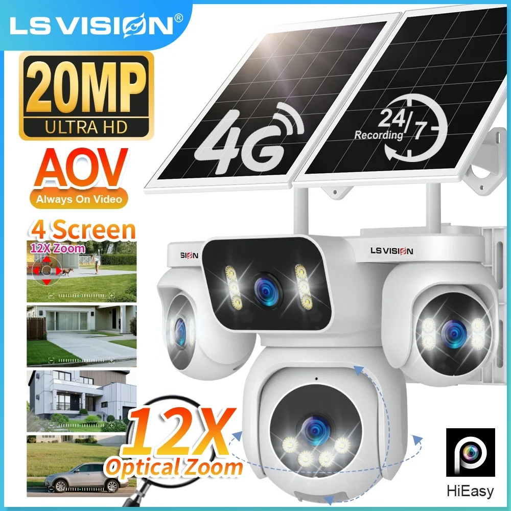 

LS VISION 20MP Четыре экрана 4G AOV Солнечная камера Открытый 24/7 Запись Беспроводная 12-кратный оптический зум PTZ Водонепроницаемая камера видеонаблюдения