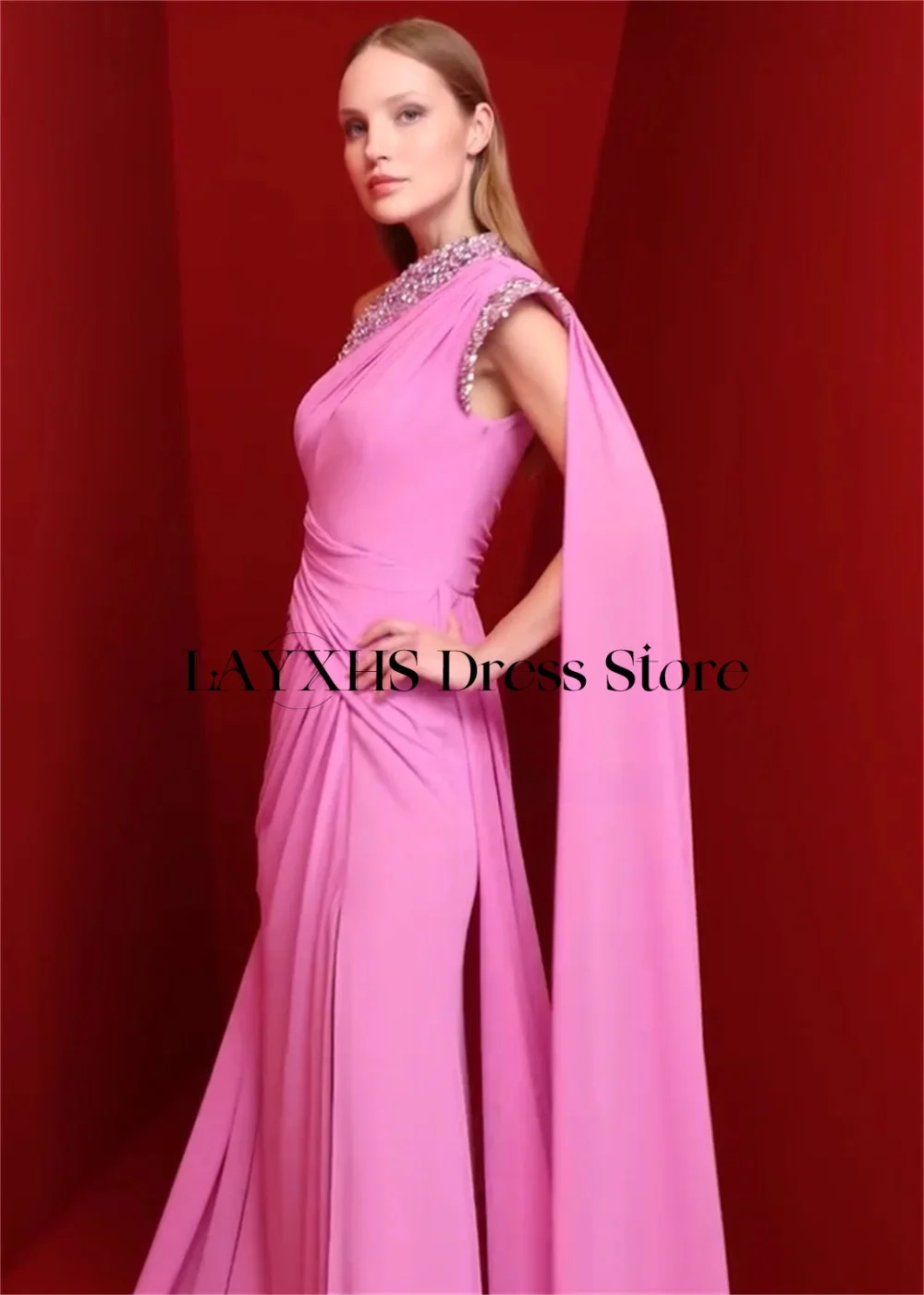 LAYXHS Moda Vestidos de Noite de Um Ombro Rosa Sereia Frisada Fenda Lateral Vestidos de Baile Personalizados فساتmavera