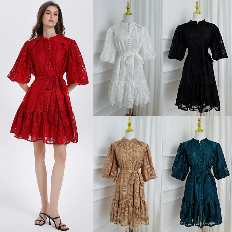 

Elegant Luxious Embroidery Formal Evening Mini Dress Women Loose Big Size Summer Short Lantern Sleeve Ruffles Party Dresses