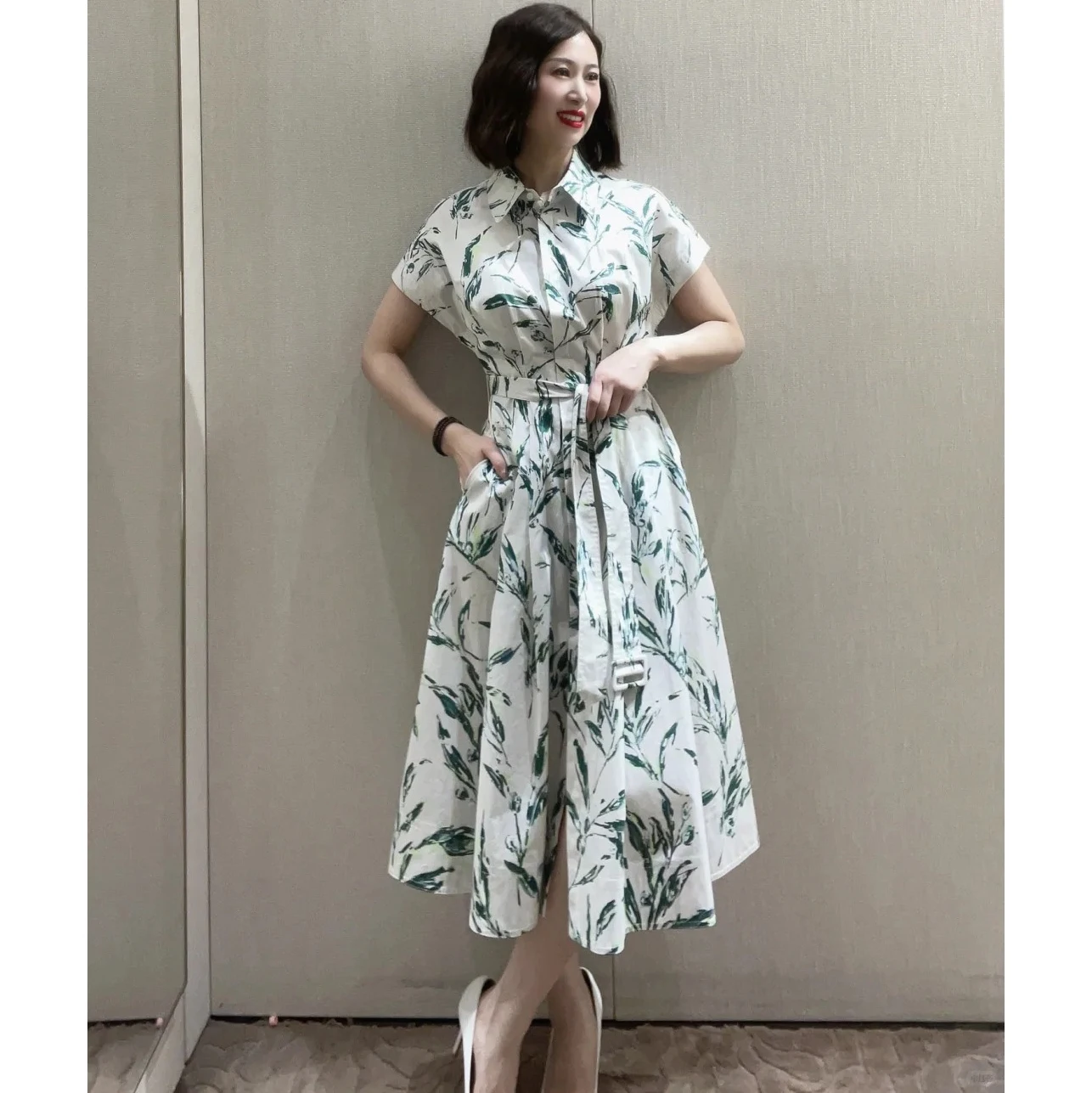 

Summer Vaion Sle Olive Le Print irt Collar A-Line Dr een adow Imagination High Waist Single Button Midi Dr