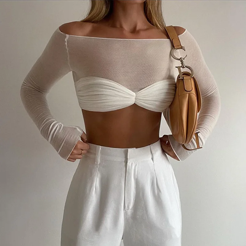 Spring And Summer New Women's Short Long-sleeved Slim Solid Color One-shoulder Wrapped Chest Exposed Waist T-shirt