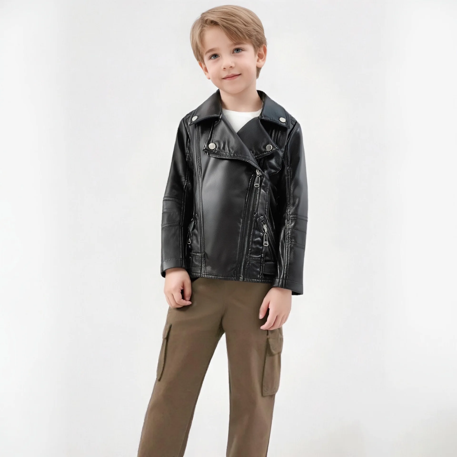 

ЧЕРНАЯ мотоциклетная куртка из искусственной кожи для мальчиков, детская рождественская, новогодняя, водонепроницаемое ветрозащитное пальто, детская одежда для уличной фотографии