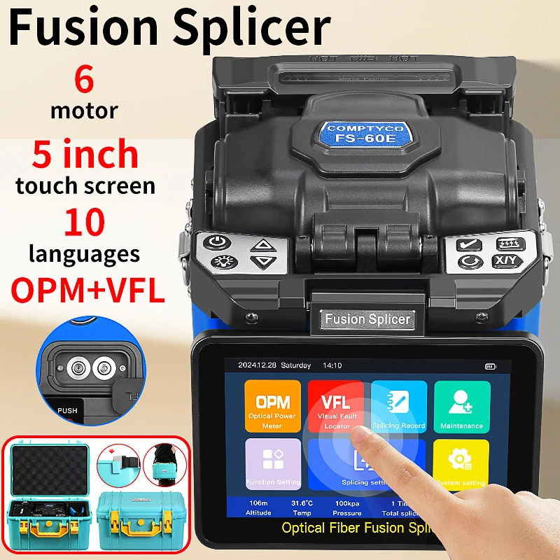 COMPTYCO FS-60E/L-90C Fiber Optic Fusion Splicer Multilingual Touch Screen SM MM Fiber Core Welding Machine Built-in OPM VFL