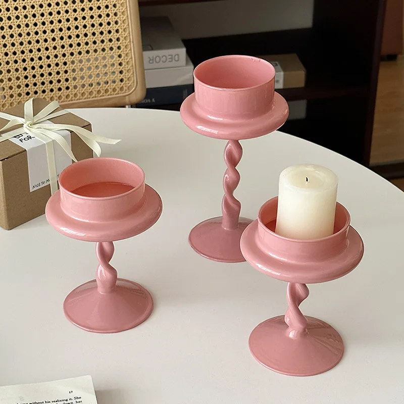 Nordic Design Pink Glass Candlestick Roman Column  Romantic Candle Holder Living Room Household Homestand Decoration Ornaments