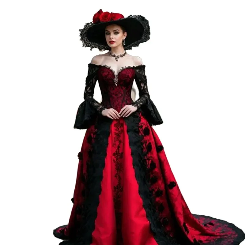 Medieval gothic victorian Bridal Gown costume Long Sleeve Black Red applique lace-up corset wedding dresses outfit cusotmsized