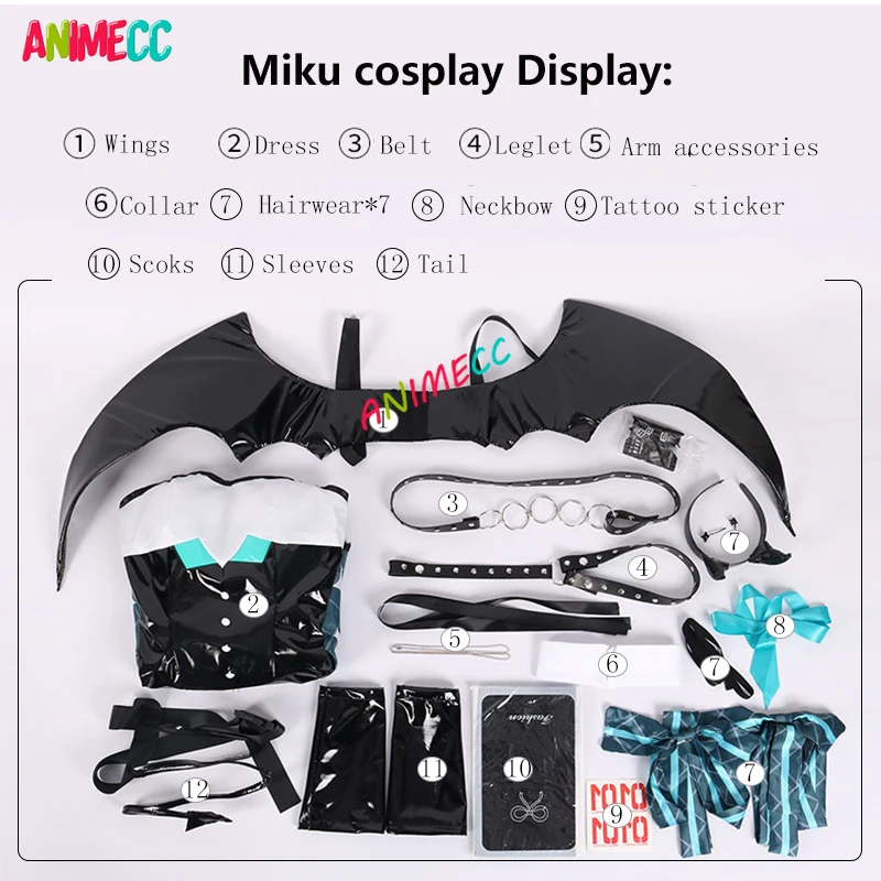 ANIMECC Miku Cosplay Costume parrucca Tattoo Sticker 2023 rassal Mikuu Devil Cosplay Wings Tail Halloween Party Dress per le donne ragazze