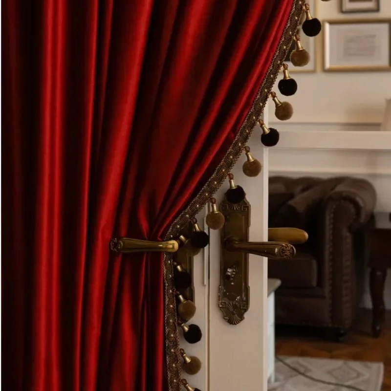

Custom Size European Luxury Retro Wine Red Glossy Velvet Curtains for Living Room Bedroom Window Blackout Decor White Tulle