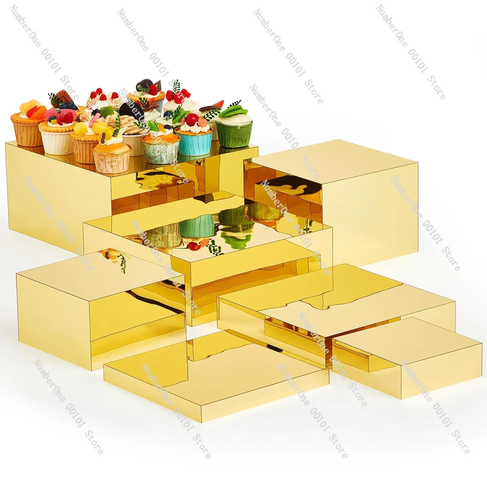 7-piece gold display stand cube box set with hollow bottom and acrylic insert, perfect for wedding parties