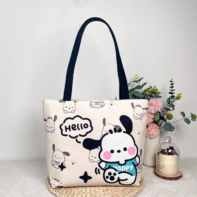 Sanurgente-Sac à main en toile Pochacco pour fille, sac à provisions portable, sac d'école léger, impression de dessin animé mignon, Hello Kitty, Kawaii