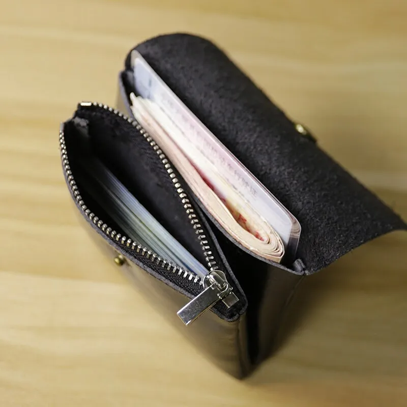 Vintage Wax Dual-layer Card Holder, Brass Snap & Side Zipper Pocket for Cards ID Coins Portable Fashion Mini Handbags for Women