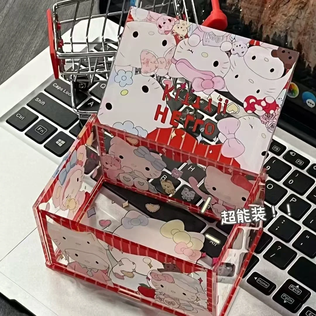 

Cartoon Hello Kitty Storage Box Anime Sanrio Acrylic Candy Boxs Cute Flip-top Desktop Ornament Cosmetic Storage Box Accessories