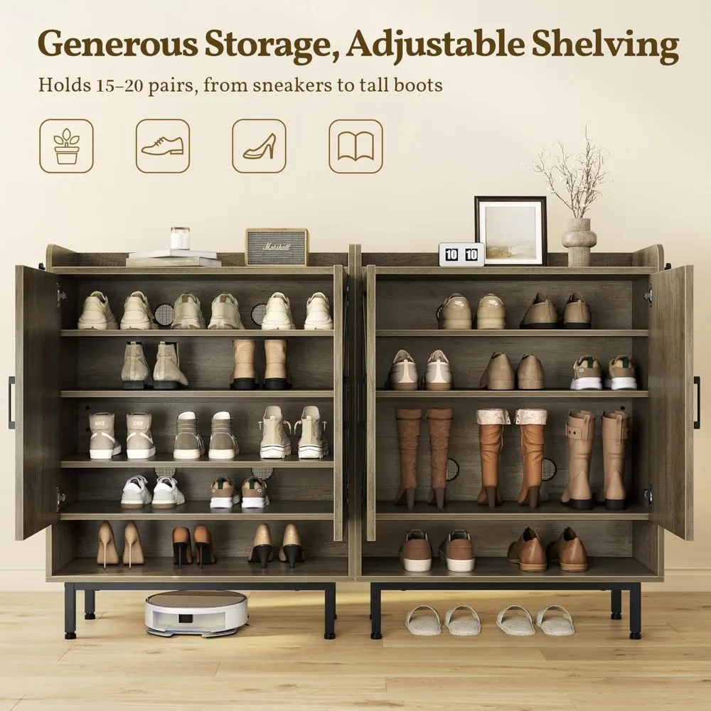 

Shoe Storage Cabinet with Doors, Farmhouse Shoe Cabinet with 2 Adjustable Shelves and 4 Side Hooks, Wooden Shoe, Customized