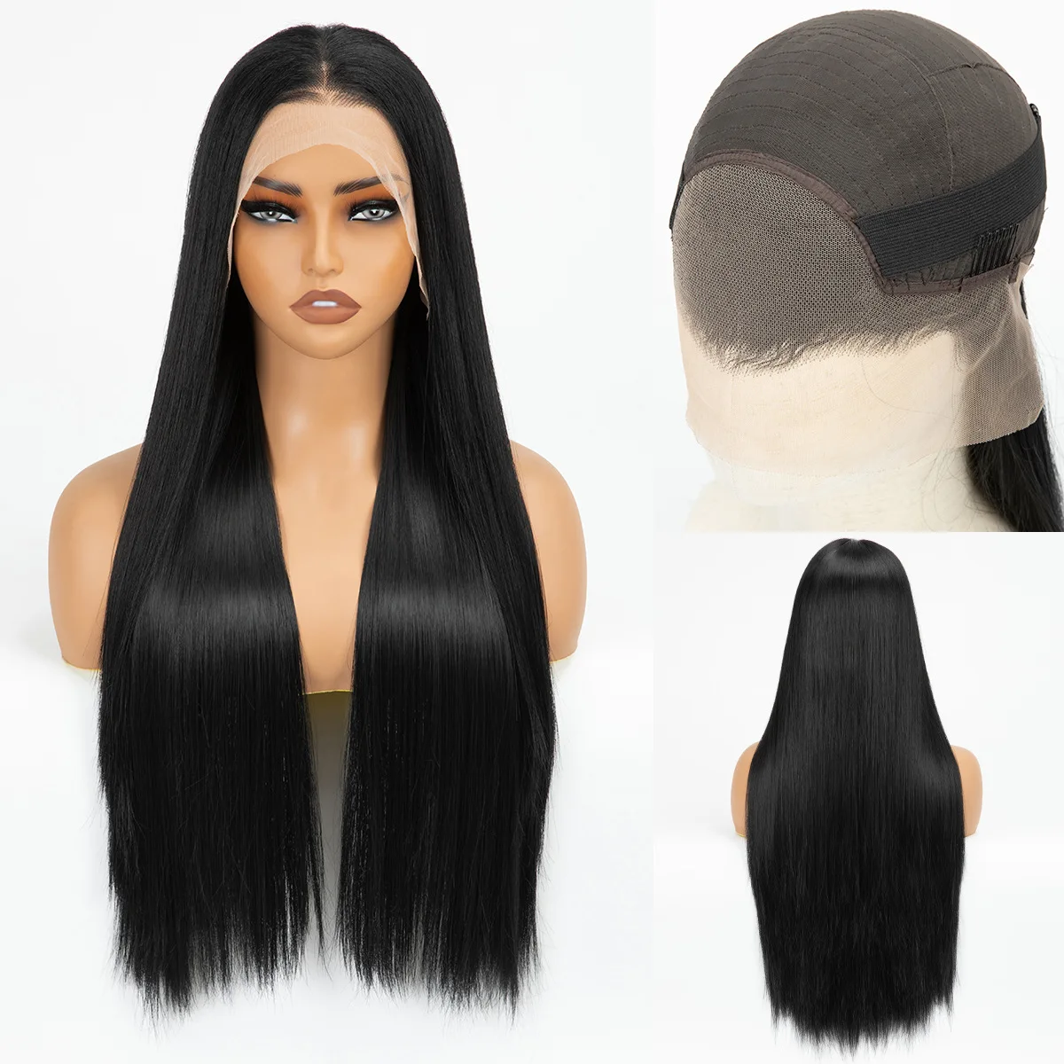 13 * 4 Forehead Lace Wig, Hand woven Long Roll Blackened Long Straight, Imitation Human Hair Full Headset, Women's Style