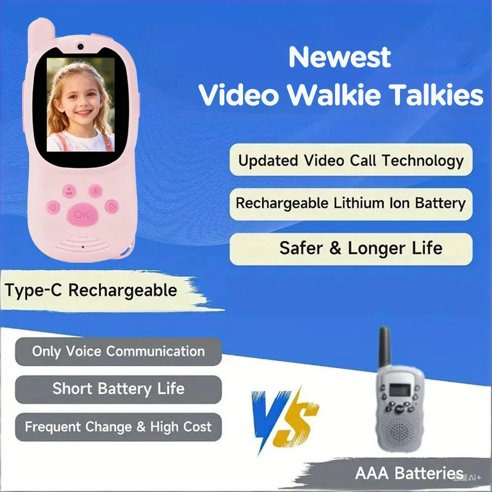 2 قطعة أجهزة اتصال لاسلكية فيديو للأطفال قابلة للشحن بطارية 1000 مللي أمبير في الساعة كاميرا اتصال داخلي محمولة فيديو ألعاب داخلية وخارجية للتخييم والتنزه #2