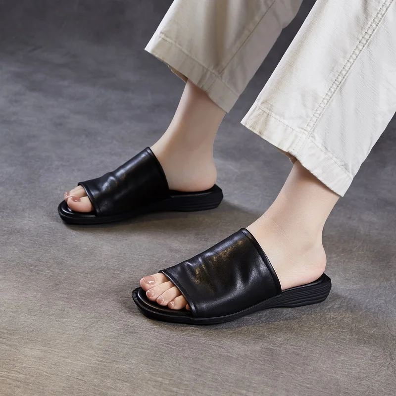 DRKANOL Women Flat Slippers Summer Open Toe Genuine Cow Leather Soft Sole Comfort Casual Slippers Ladies Outside Sandals Slides