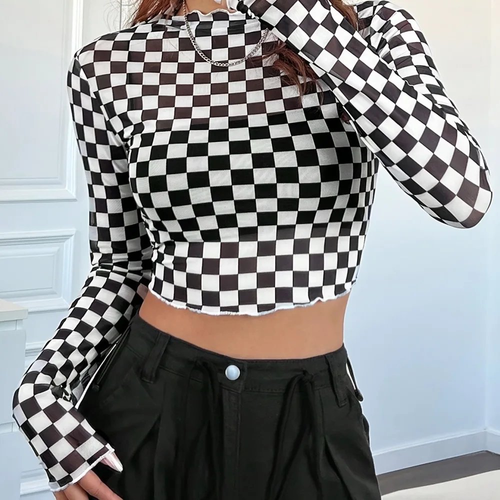 2025 Spring Womens Mesh Checkerboard Shirt Long Sleeve Slim Fit Half High Collar Pullover Casual Fashion Basic Blouse