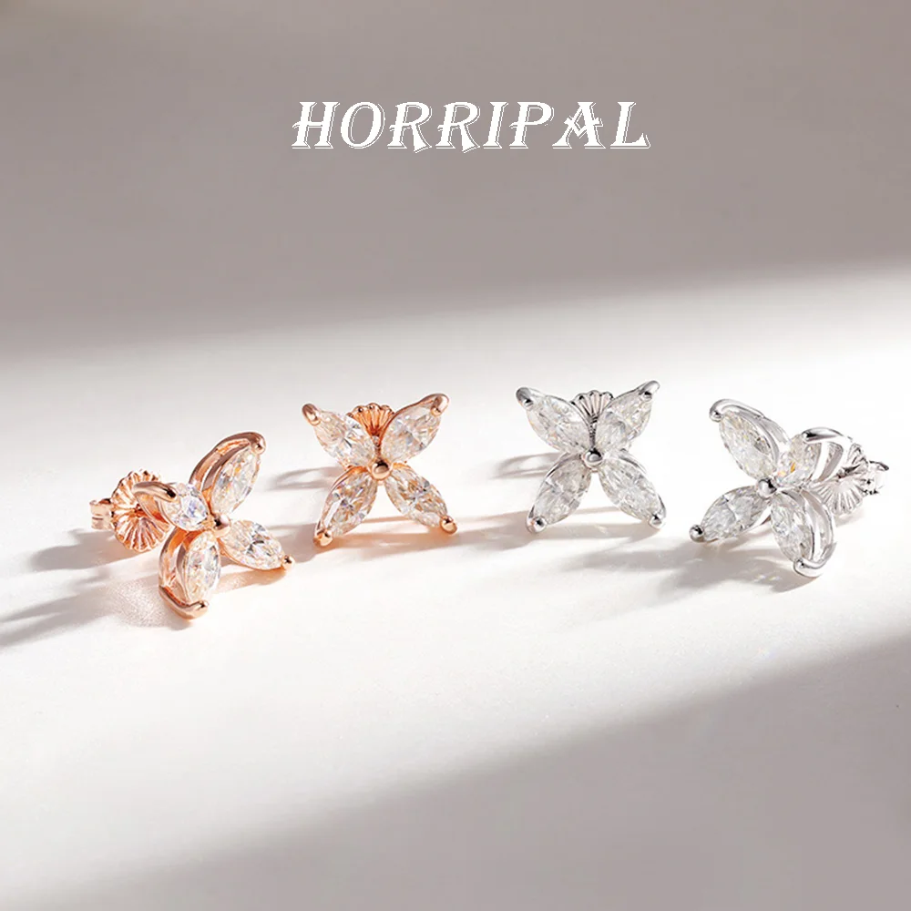 

HORRIPAL D VVS1 Marquise Cut All Moissanite Stud Earrings for Women Lucky clover 925 Sterling Silver GRA Sparkly Party Jewelry
