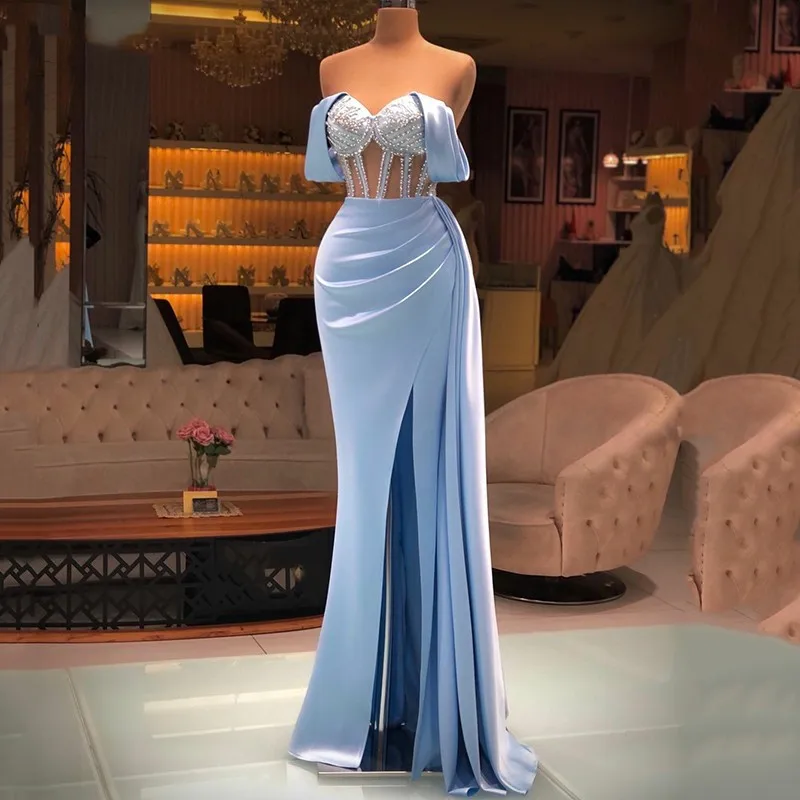 Sexy Meerjungfrau Abendkleider Robe De Soiree Illusion Mieder Falten Perlen Weg Von Der Schulter Split Slit Formal Prom Kleider 2023