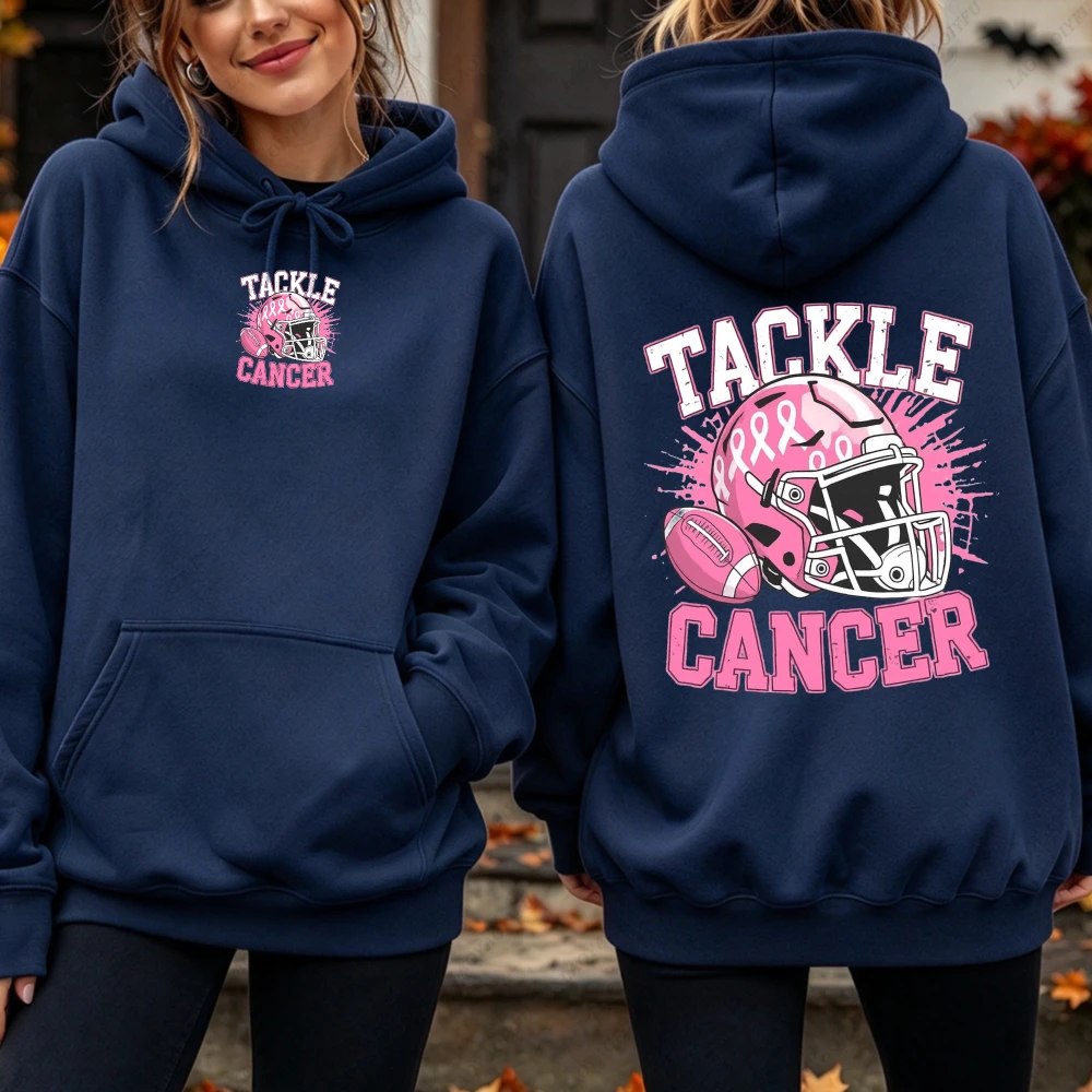 Tackle Cancer Pink Football Double Side Print Hoodie Women Casual Long Sleeve Breast Cancer Awareness Ribbon Support  Sweatshirt