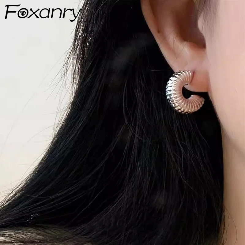 Foxanry Threaded C-shaped Stud Earrings For Women Girls Personality Classic Simple Trendy Prevent Allergy Daily Party Jewelry