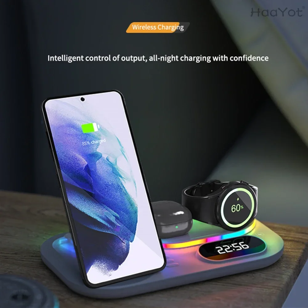 HaaYot 5-in-1 Wireless Charger Station for iPhone, Samsung, Earbuds, Apple Watch, Galaxy Watch with Foldable Design & LED Light