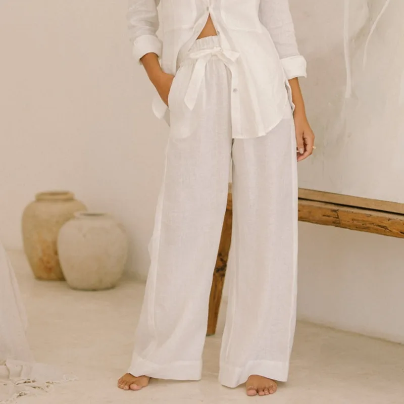 Summer Women's Linen Lyocell White Pants Casual Elastic Waistband Tie Bow Ladies Wide Leg Pant Loose Elegant Straight Trousers