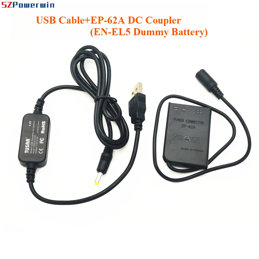 Powerwin USB+EP-62A EP62A EH-62A EH62A DC COUPLER EN-EL5 Dummy Battery For Nikon P500 Coolpix 5200 4200 3700 P5100 P5000  P4 P3