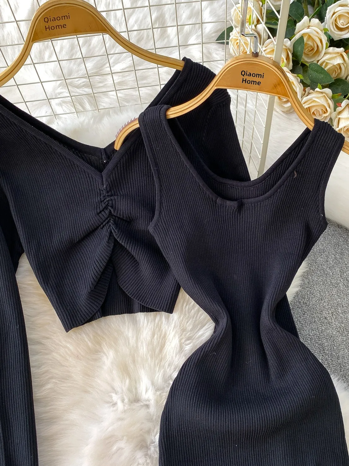 Slim Fit Knitted V-Ne Long Sve Vest Dr Set High Waist Bodycon Anti-Balloning Commute Sle Pure Color X-ape Silhouette