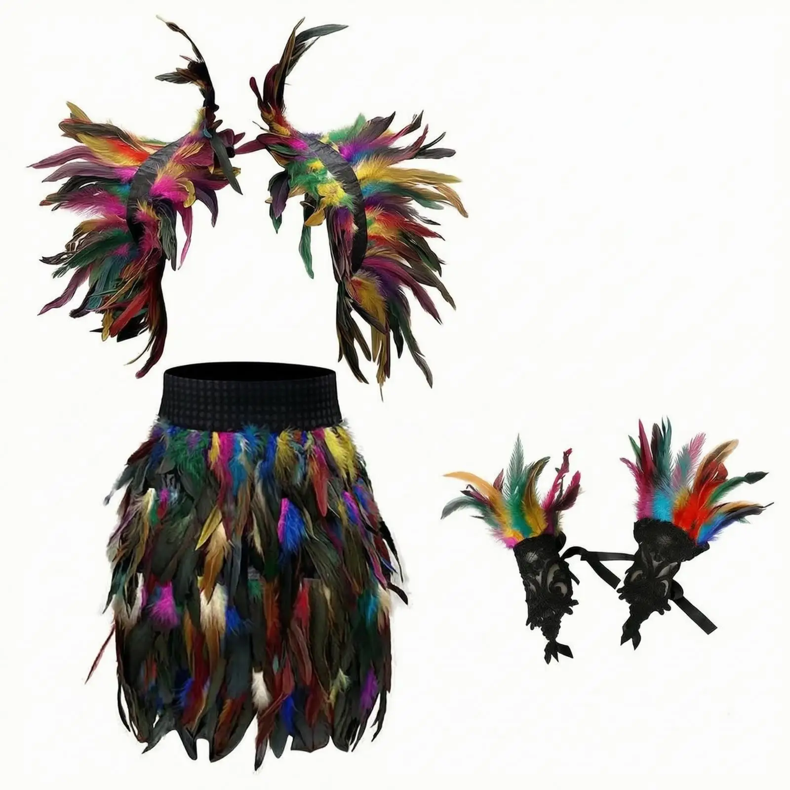 Women Costume Party Cape with Layered Feather Texture and Lace Gloves for Halloween Cosplay Stage Performance