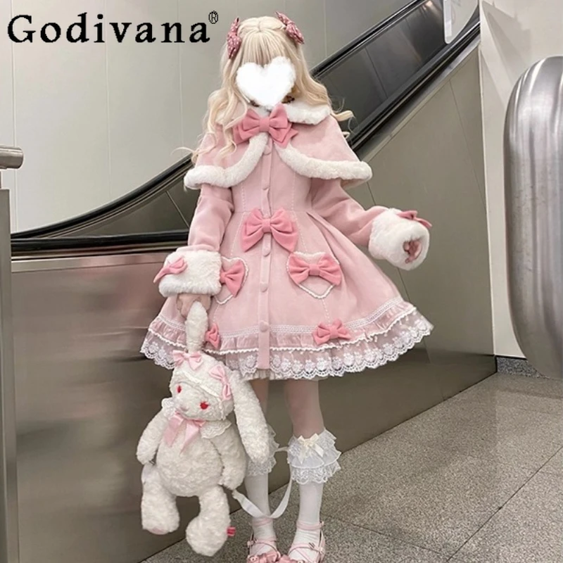 

Winter Plush Warm Sweet Lolita Pink Cape Overcoat Japanese Cute Girls Sweet Bow Slim Fit Long Outerwear Women's Woolen Jacket