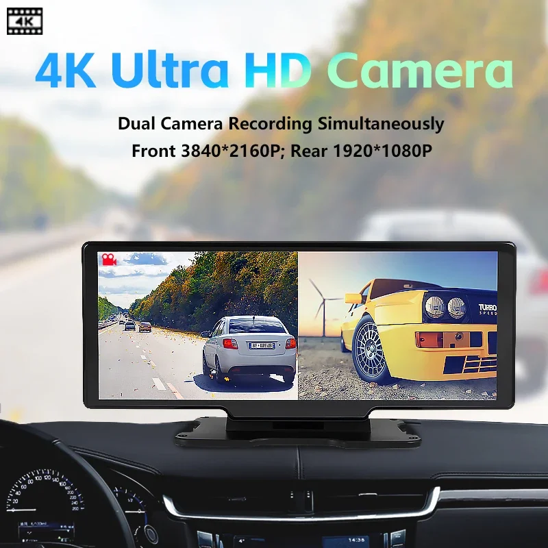 4K Dash Cam and 1080P Rear Camera Wireless Cast CarPlay Android Auto GPS Logger 5G WiFi Monitor Car Video Recorder FM Trasmitter