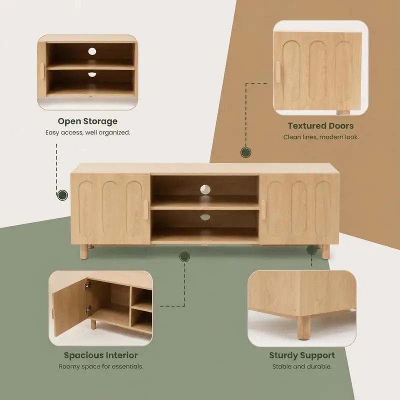 Mueble para TV Moderno de Mediados de Siglo de 140 cm con Almacenamiento, Consola Multimedia con Acabado en Roble para TV de 55 a 65 Pulgadas, Mueble para Sala de Estar y Dormitorio