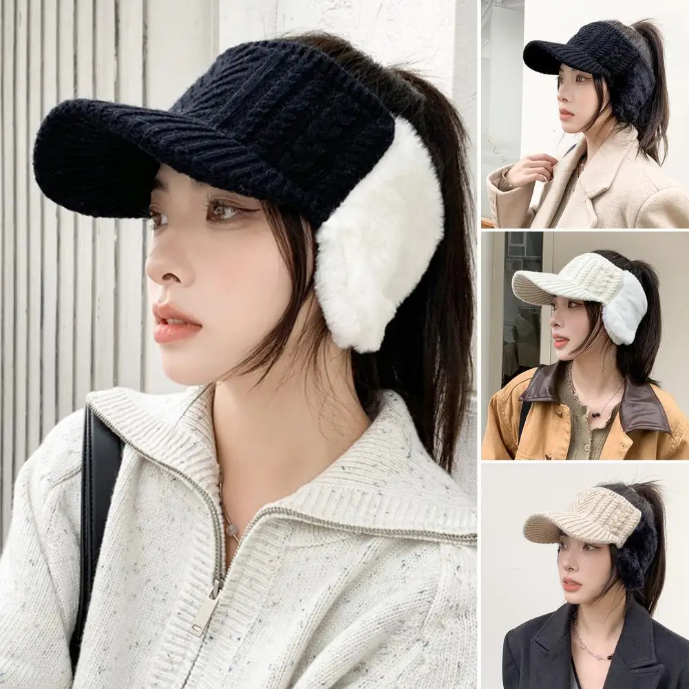 Women Sun Hat Ear Protector Empty Top Twist Pattern Patchwork Sun Protection Winter Windproof Knitted Baseball Hat Streetwear