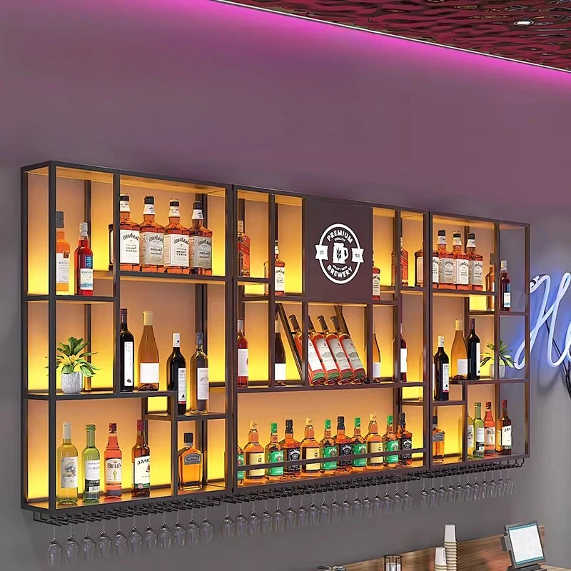 Adega de Parede LED para Vinhos, Armário de Metal Comercial para Bartender, Expositor de Bar para Restaurantes, Móveis de Bar para Bebidas