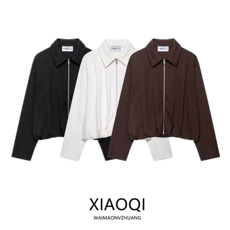 Fall 2025 New Women's Pilot Jacket Velvet Pleated Collar Coat Long Sleeve Zipper Short Style Fashion Outerwear for Ladies