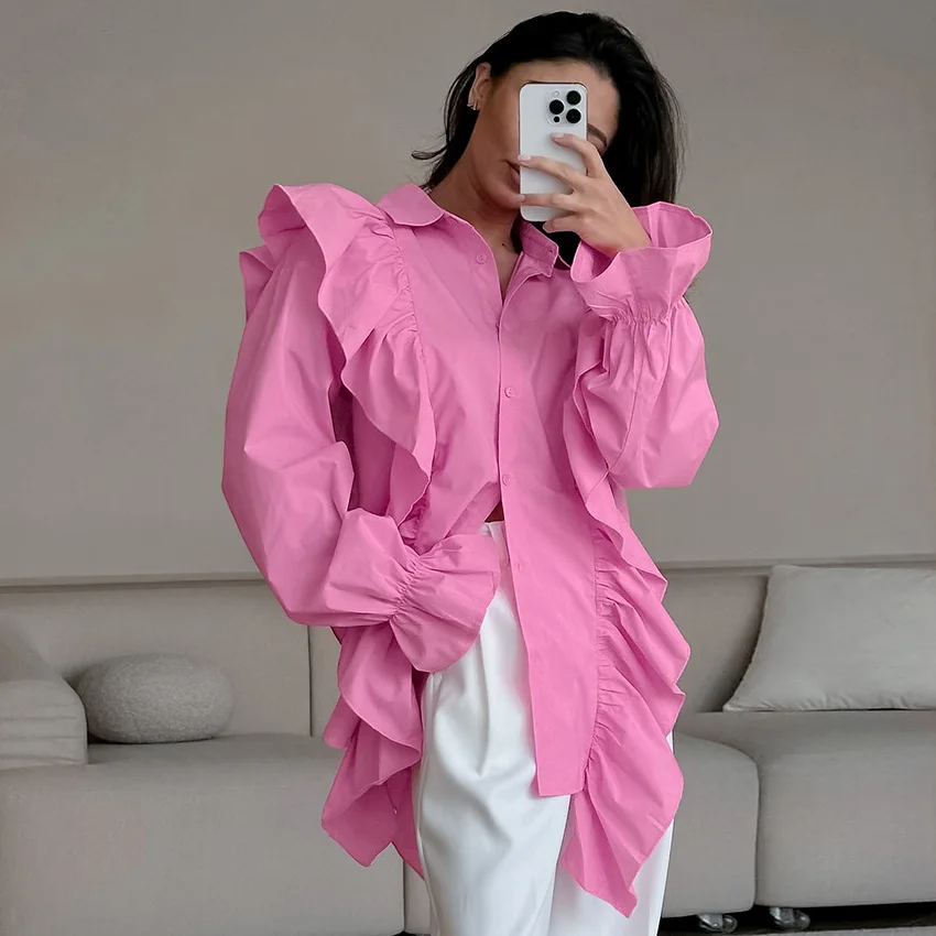 Fasion Frill Blouse Women Pink Shirt Retro Blouse Streetwear Blusas Femininas Elegantes Luxury Women Tops 2024 New Collection