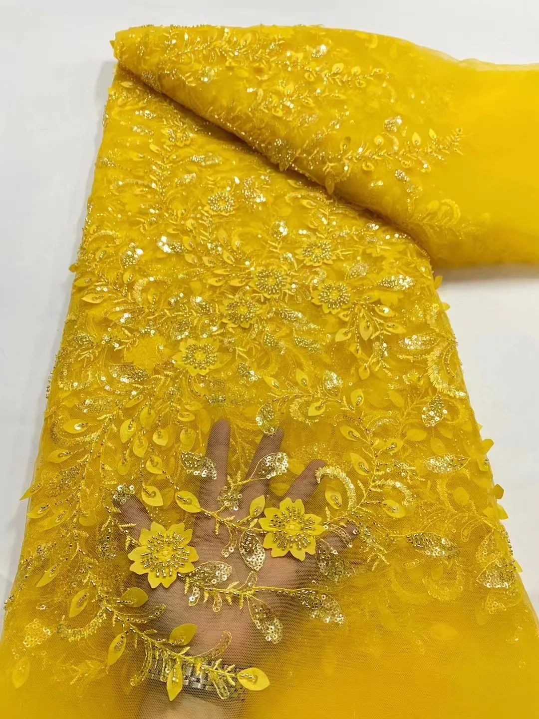 

Yellow African Lace Fabric 2023 High Quality Groom Embroidery French Beaed Lace Fabric Nigerian Net Lace For Wedding Dress