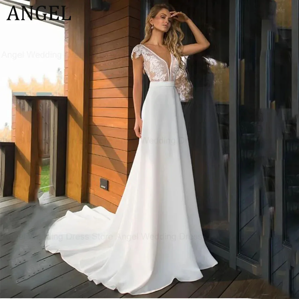 

ANGEL Boho Deep V-Neck Wedding Dress for Bride 2022 Elegant Lace Appliques Backless Chiffon Robe De Mariée Custom Made Real Phot