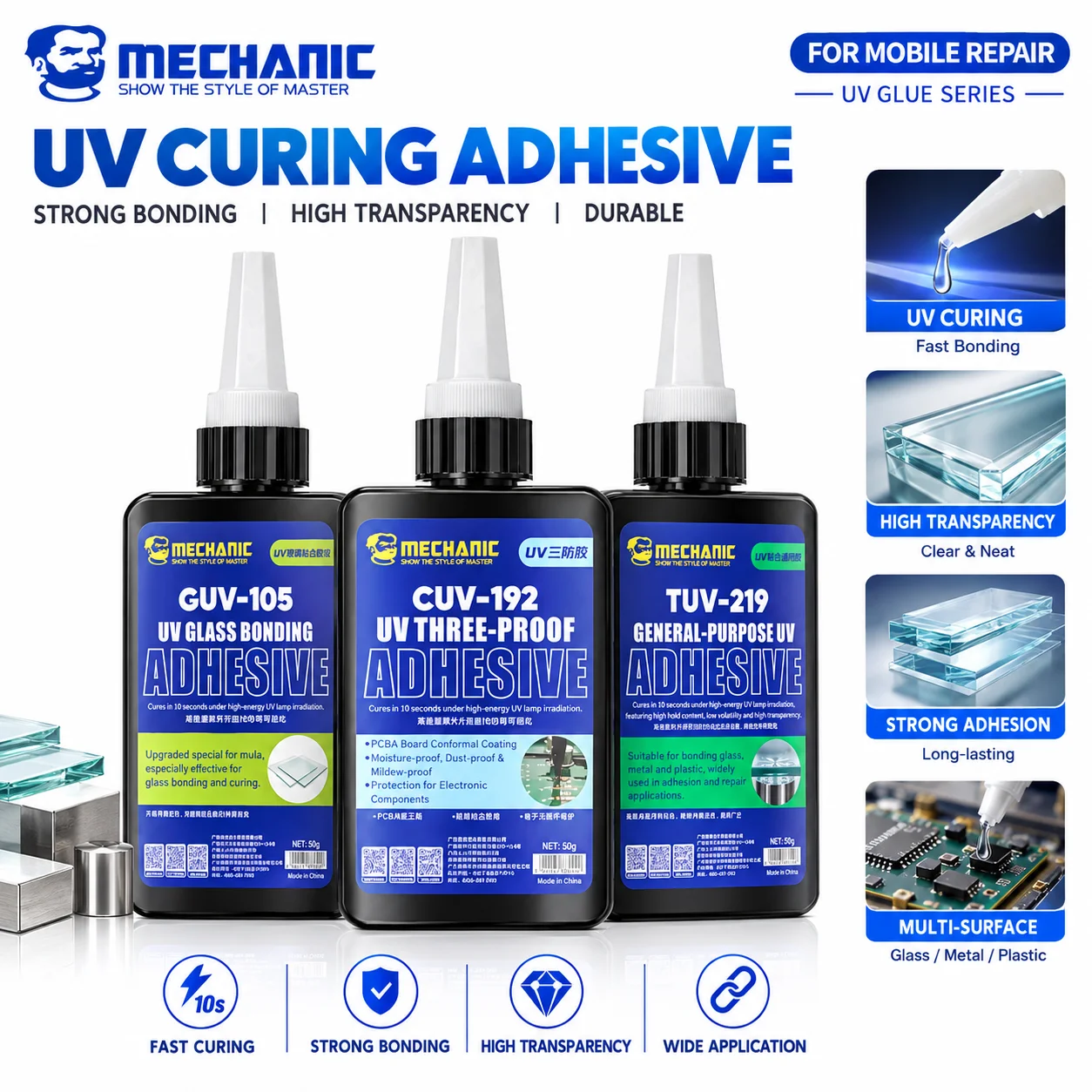 MECHANIC UV Highly Transparent Adhesive Glass Bonding/Three-Proof/General-Purpose UV Glue for Crystal Metal Acrylic ABS Bonding