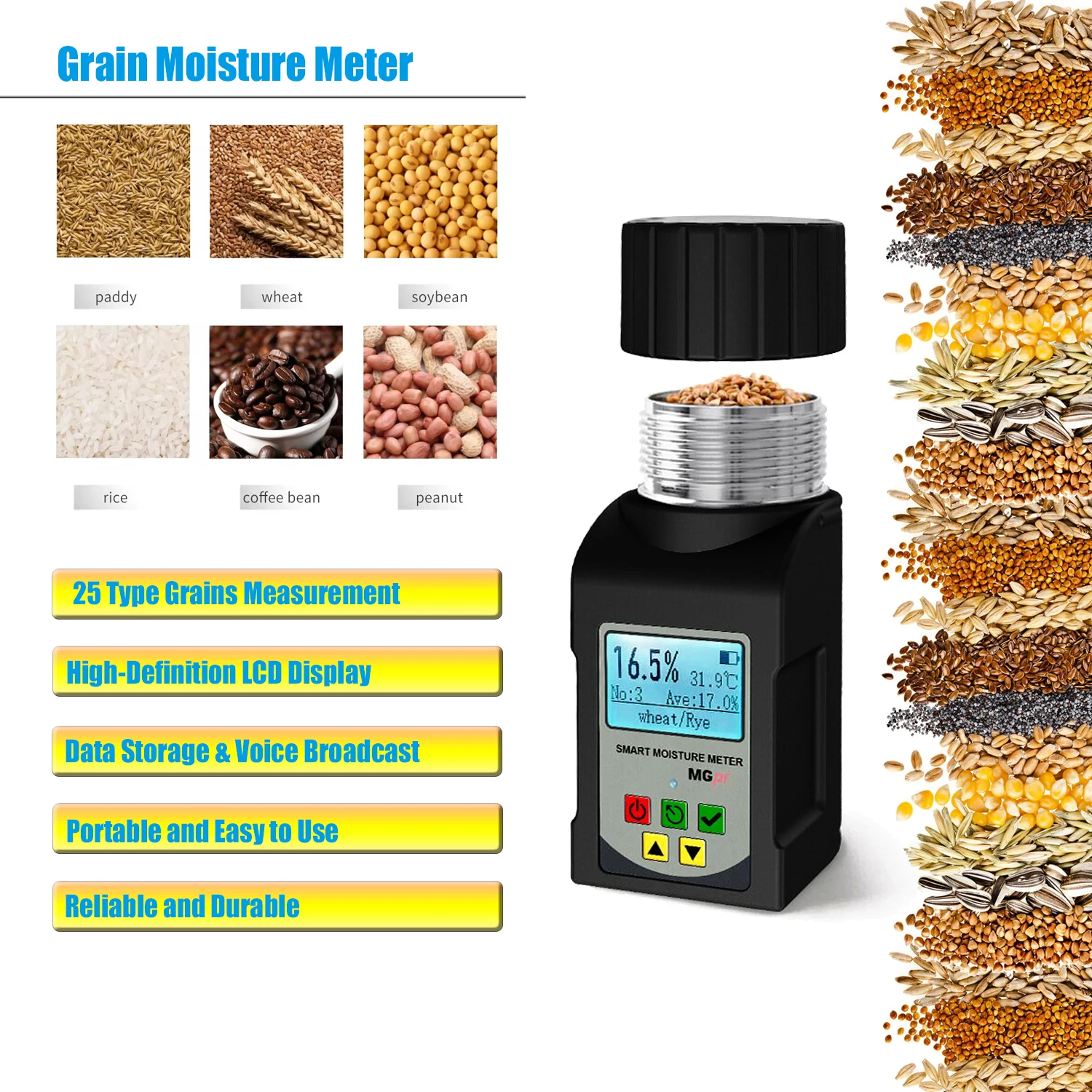 BTMETER Portable Grain Moisture Meter, 25 Grains Test,Smart Humidity Tester for Wheat Bean Peanut Moisture Detector, MPro