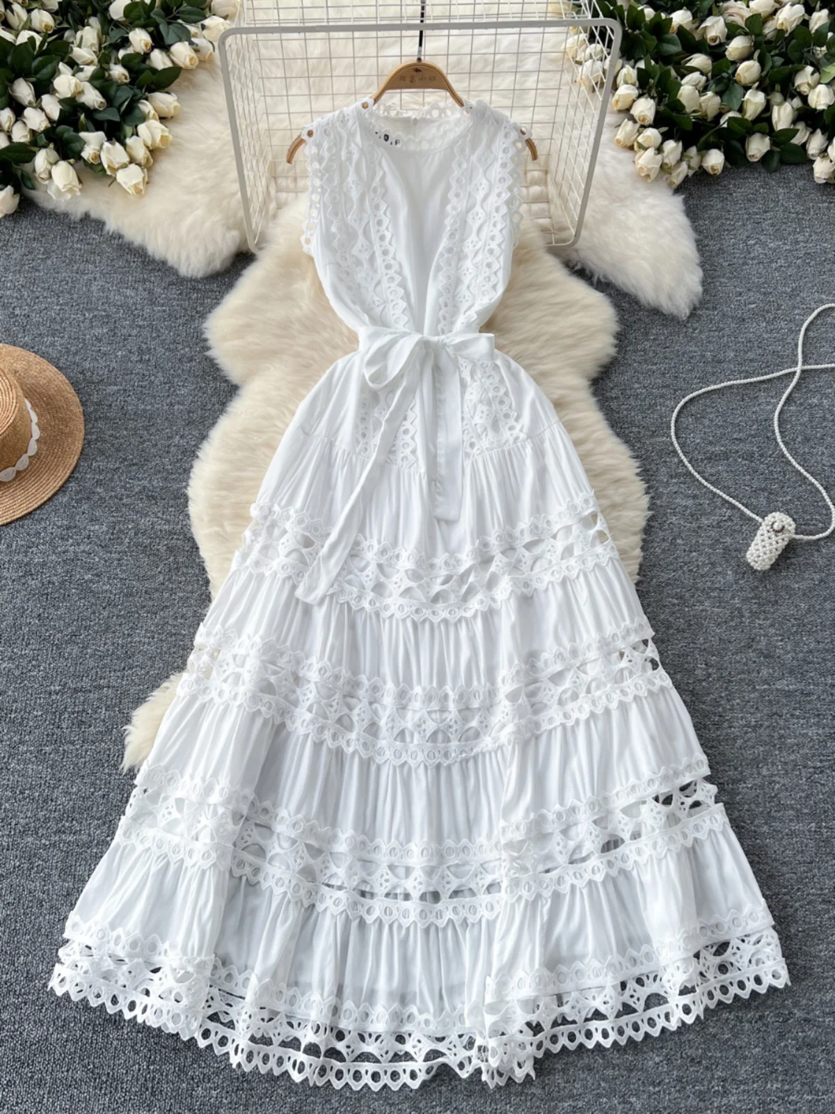 

Ele Hollow out Lace Splicing Long Knee Length Dr Women's Summer Vintage Court Sle Dr High Waist A-Line Gown