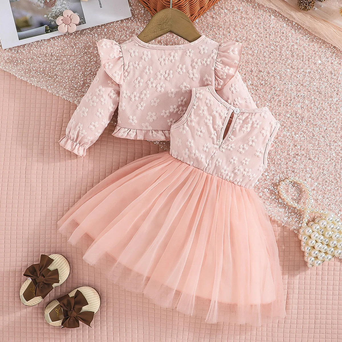 2024 New Winter Children Sets Long Sleeve Ruffles T-shirt Bow Pink Mesh Dress 2 Pcs Roupa Infantil Menina Clothes Sets 6M-3T