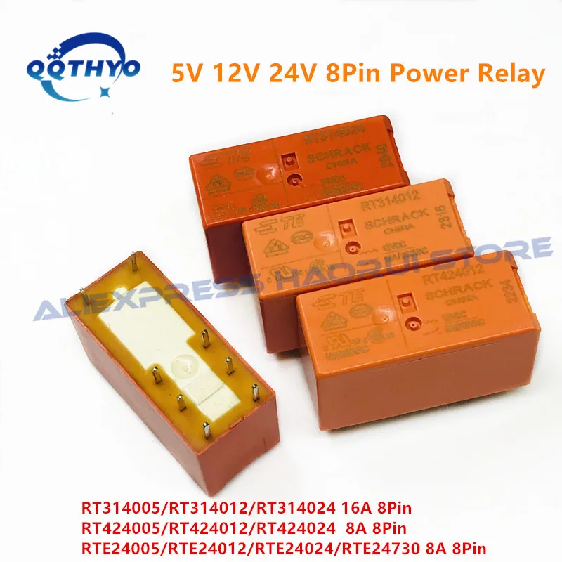 10Pcs 5V 12V 24V Power Relays RT314005 RT314012 RT314024 RT424005 RT424012 RT424024 RTE24005 RTE24012 RTE24024 8A/16A 8Pin Relay