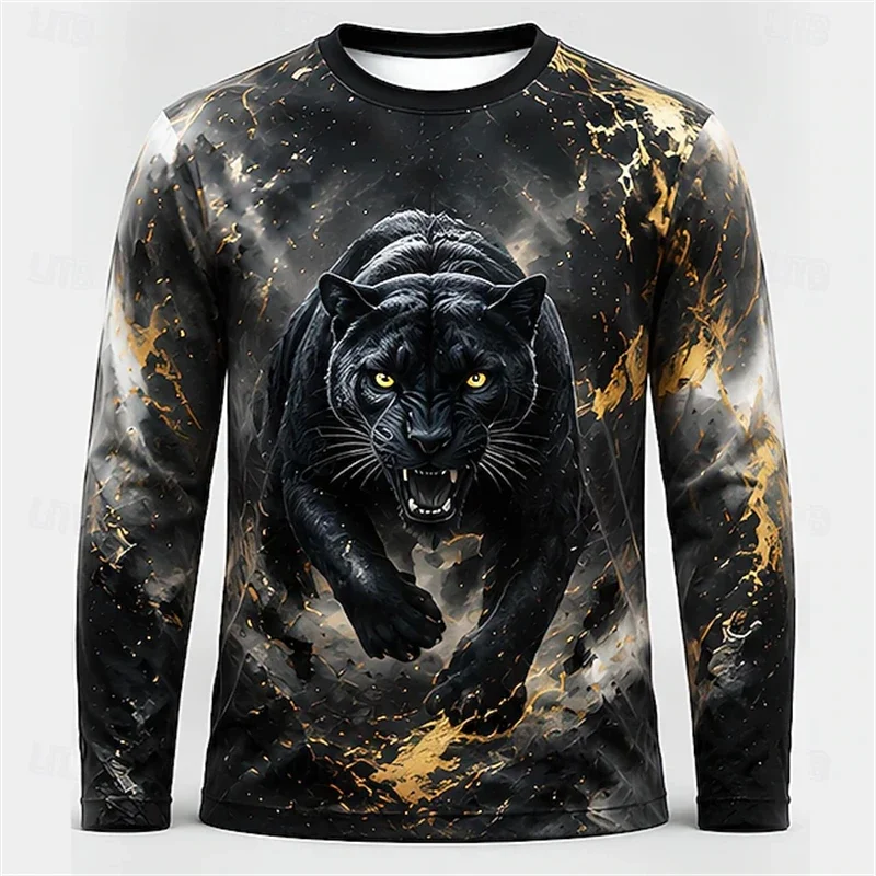 Men Blue White Tiger Dragon Print Long Sleeve Shirt Crewneck Graphic Streetwear Casual Breathable Soft Daily Fashion Premium Top