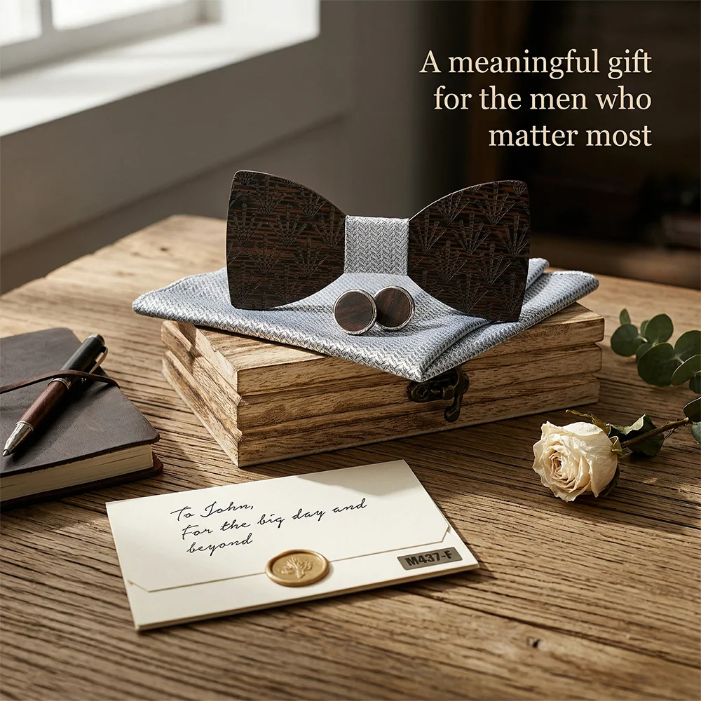 Adjustable Wooden Bow Tie for Men Dark Solid Wood Formal Bowtie Wedding Party Bowtie Set Cufflinks Grey Pocket Square Groom Gift